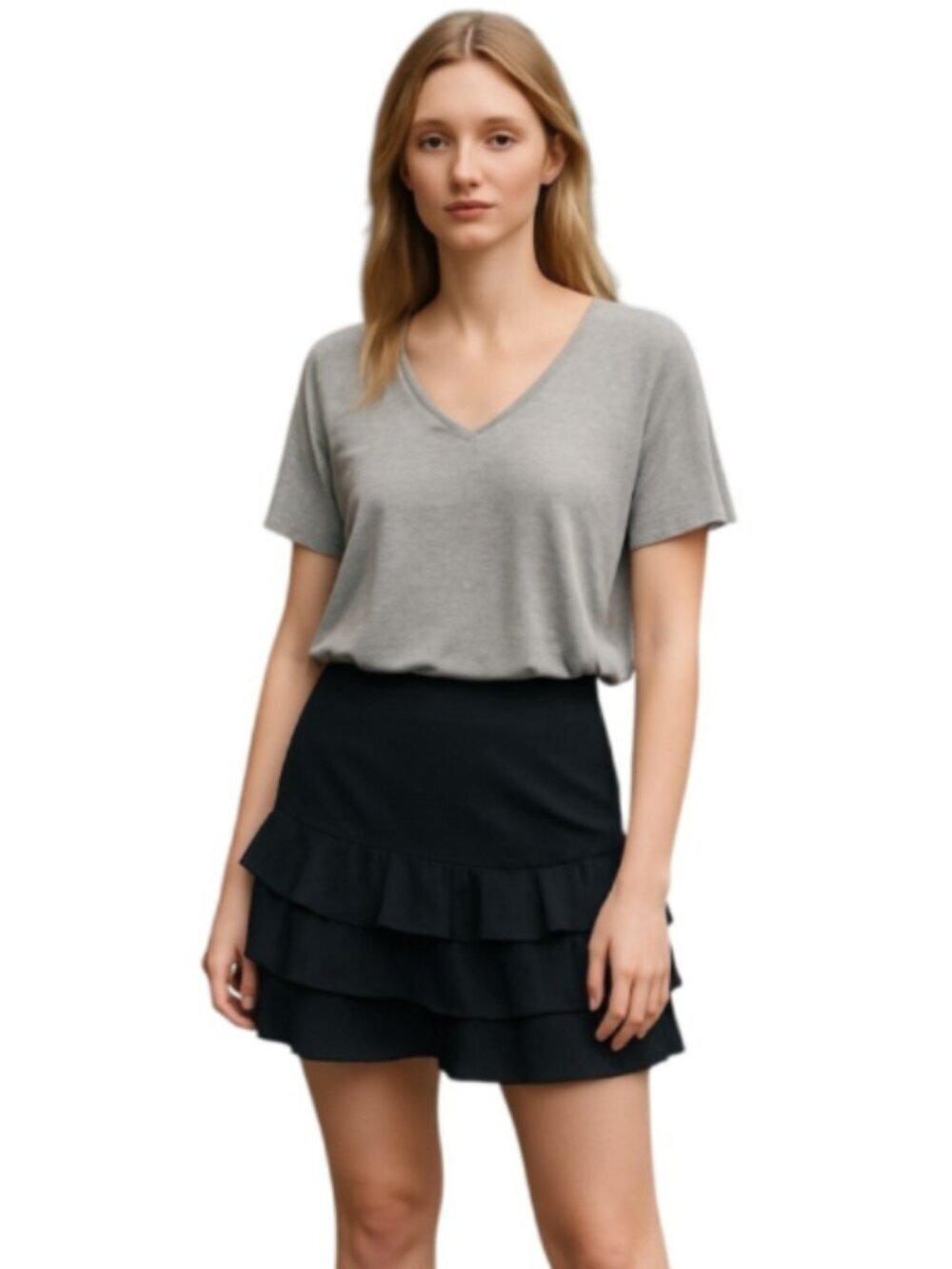 NEW Jay Godfrey Size 2 Mini Dress Gray Cotton Top and Black 3 Tier Ruffled Skirt